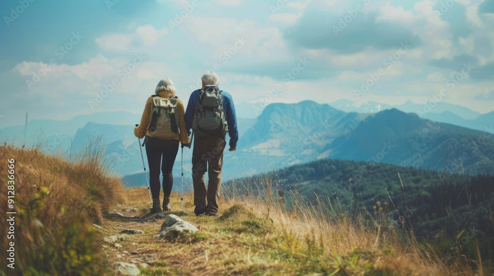 Senior couple hiking in the mountains during retirement. Senior couple hiking in the mountains during retirement.