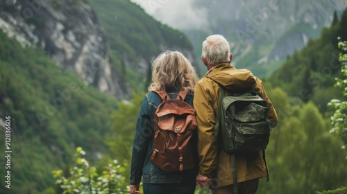 Senior couple hiking in the mountains during retirement.