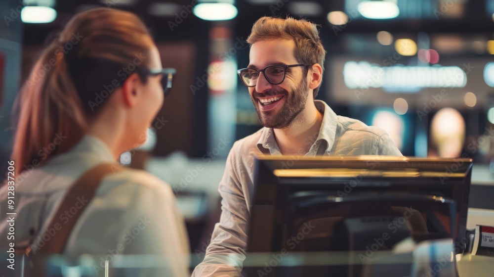 Smiling bank customer receiving assistance at the counter. Smiling bank customer receiving assistance at the counter.