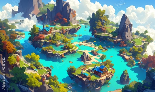 Whimsical Aerial View Game Map: Fantasy Forest and Floating Islands in Abstract Anime Style. Creative 4K Wallpaper for Digital Marketing, Blending Board Game Aesthetics with Conceptual Landscape Art. 