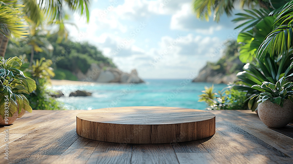Summer product display on wooden podium with a blurred sea beach background, 3D rendering Summer product display on wooden podium with a blurred sea beach background, 3D rendering