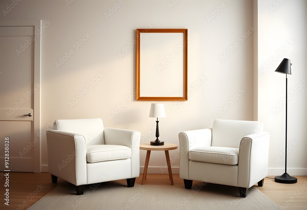Fototapeta premium Interior of A minimalist living room with framed empty wall hanging and two white armchairs, a small side table,