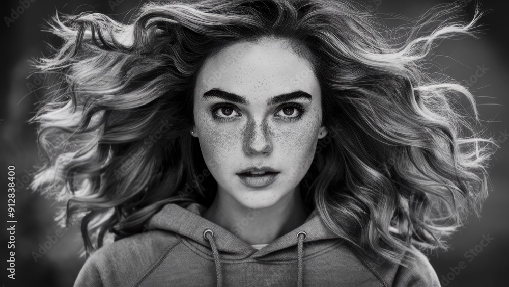 A woman with a hoodie and curly hair in black and white, AI A woman with a hoodie and curly hair in black and white, AI