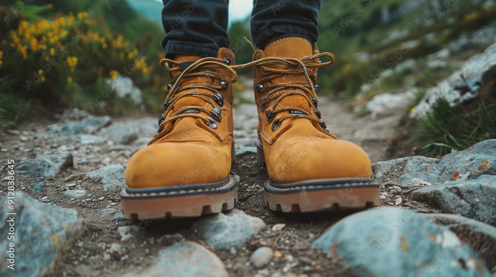 Trekking boots on a rocky path with laces tied. Trekking boots on a rocky path with laces tied.
