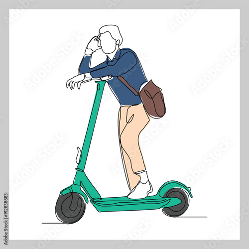 Continuous single line sketch drawing of young man ride electric scooter for mobile activity. One line modern go green future transportation vector illustration