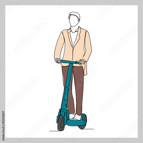 Continuous single line sketch drawing of young man ride electric scooter for mobile activity. One line modern go green future transportation vector illustration photo