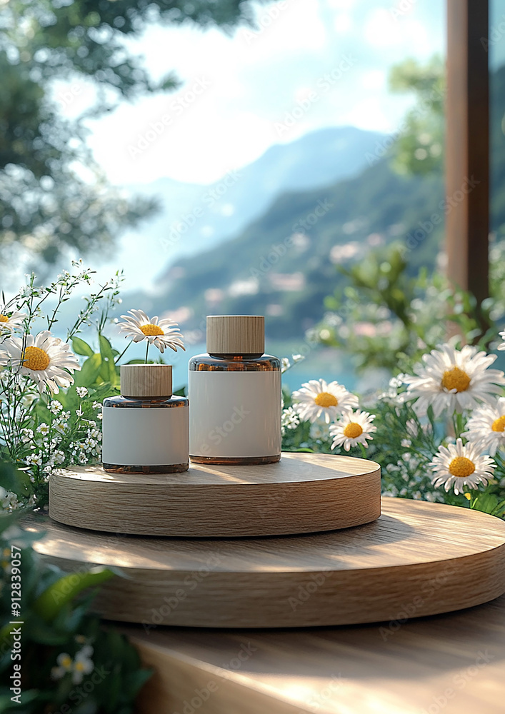 Summer product display setup on a wooden stand, with a blurred seaside scene in 3D rendering Summer product display setup on a wooden stand, with a blurred seaside scene in 3D rendering