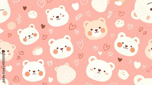 Cute pink teddy bear pattern and white texture, seamless design, adorable cartoon character concept for kids in digital world