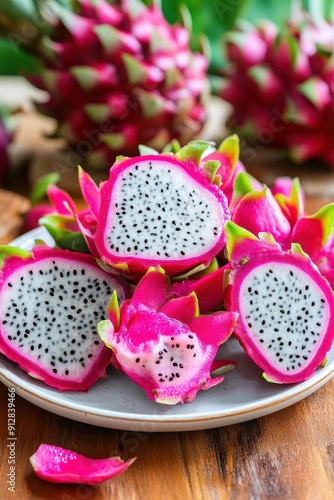 Dragon fruit slice on white plate