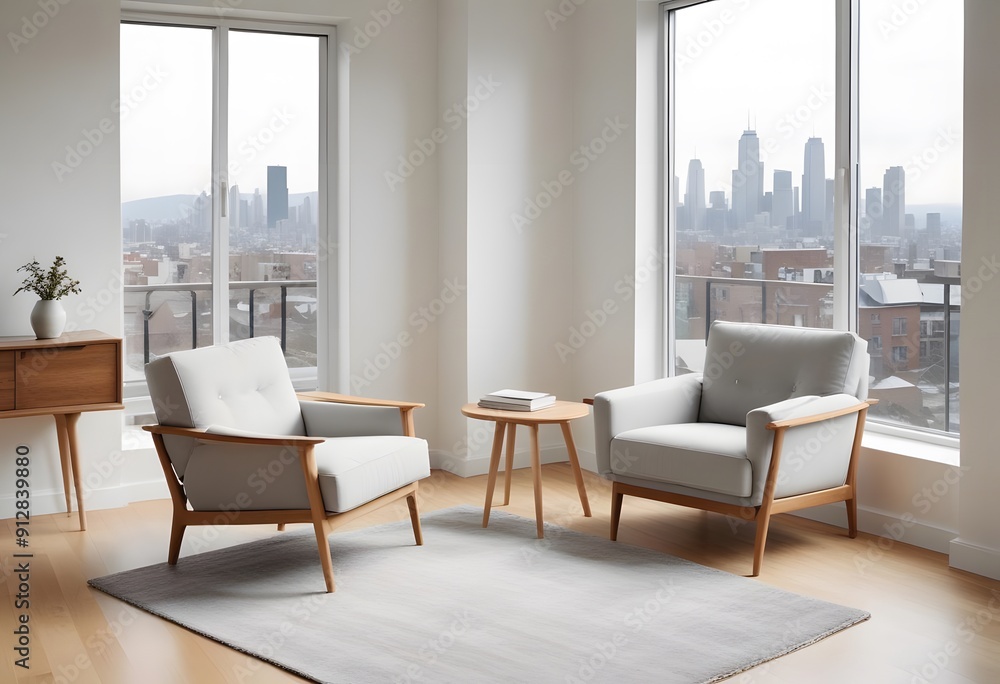Fototapeta premium Interior of A modern living room with a gray sofa, wooden coffee table, and a potted plant in the corner