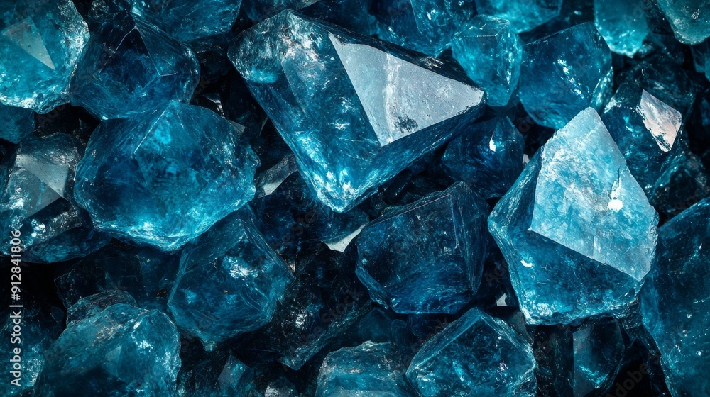 Detailed close-up of vibrant blue crystal stones with sharp edges and clear facets, stone texture background Detailed close-up of vibrant blue crystal stones with sharp edges and clear facets, stone texture background