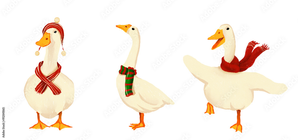 Christmas duck wrapped in a scarf in winter lovely decoration Hand drawn illustration on a transparent background Christmas duck wrapped in a scarf in winter lovely decoration Hand drawn illustration on a transparent background