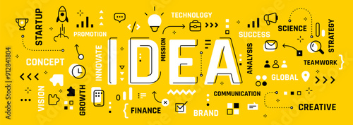 Vector creative illustration of idea word typography with line icon, word cloud on yellow color background. Business infographic concept with light bulb. Line art style creative design