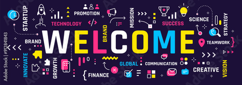 Vector bright creative illustration of word welcome typography with line icon and word cloud on dark background. Business infographic concept. Line art style design