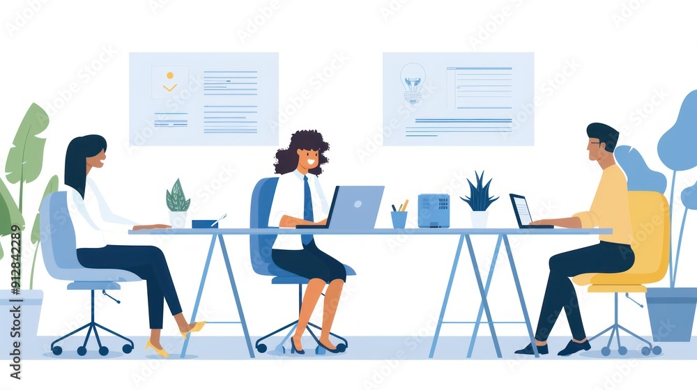 Office workers attending a virtual meeting. Office workers attending a virtual meeting.