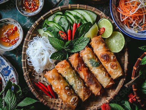 Nem Ran / Cha Gio. The most popular Vietnamese dishes. Fried spring rolls made with rice paper, filled with a mixture of ground meat, shrimp, vegetables, and noodles.