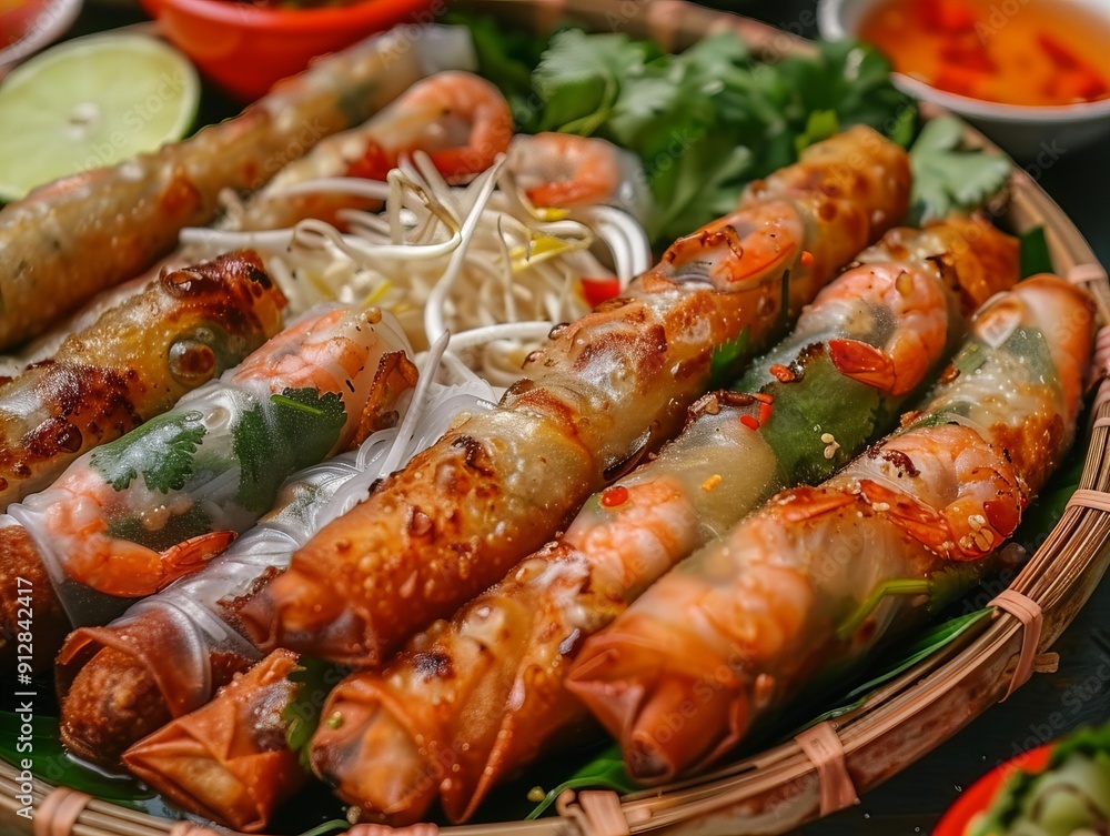 Nem Ran / Cha Gio. The most popular Vietnamese dishes. Fried spring rolls made with rice paper, filled with a mixture of ground meat, shrimp, vegetables, and noodles. Nem Ran / Cha Gio. The most popular Vietnamese dishes. Fried spring rolls made with rice paper, filled with a mixture of ground meat, shrimp, vegetables, and noodles.