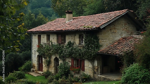 Basque.A charming rustic house surrounded by lush greenery and vibrant flowers, set in a serene natural landscape. 