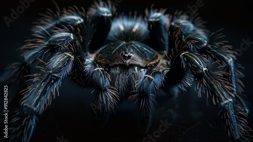 Close-up of a blue tarantula on black background in studio setting photo