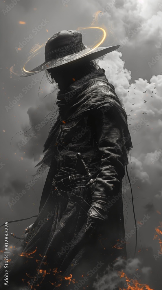 Mysterious warrior in dark attire amidst fire and smoke.
Mysterious warrior in dark attire amidst fire and smoke.