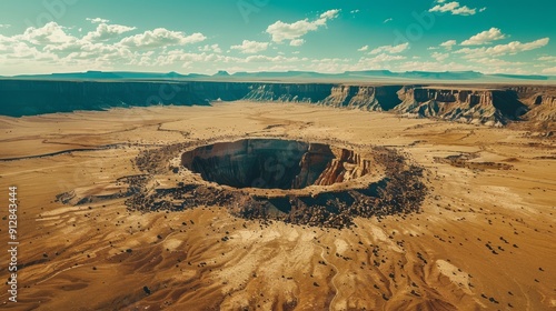 Massive sinkhole in desert landscape under clear blue sky