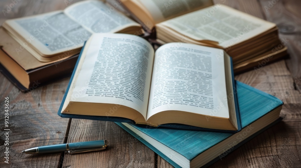 Fototapeta premium Books lay flat with an open book, pen, and notepad.