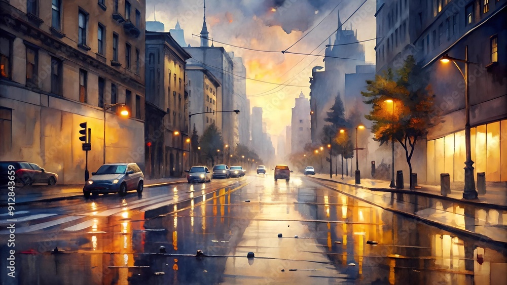 A Watercolor Impression of a City Bathed in Rainfall Generative AI A Watercolor Impression of a City Bathed in Rainfall Generative AI