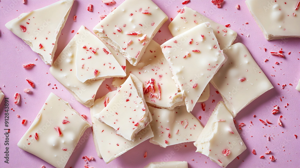top view on broken white chocolate with peppermint candy pieces on pink background top view on broken white chocolate with peppermint candy pieces on pink background