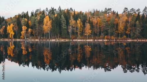 Calm lake with reflections of the surrounding trees.