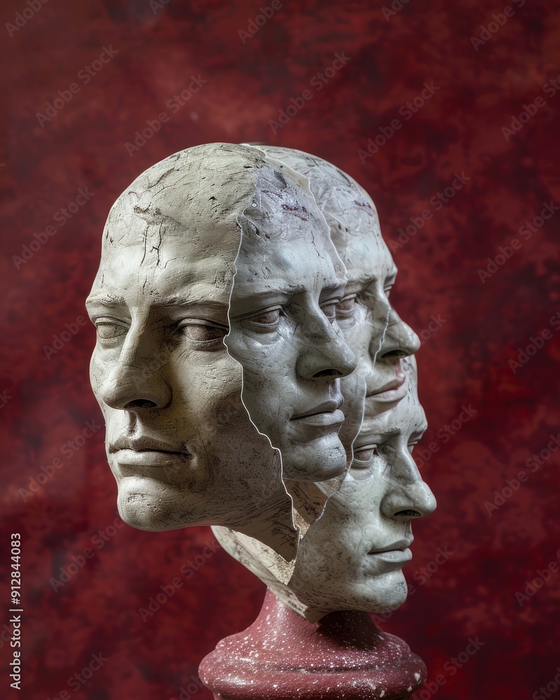 Cracked stone-like sculpture with faces, surreal art. Cracked stone-like sculpture with faces, surreal art.