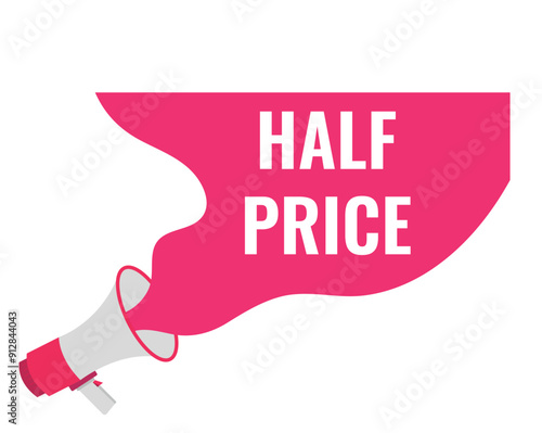 half price button, banner, label, template for website. half price text with colorful megaphone icon
