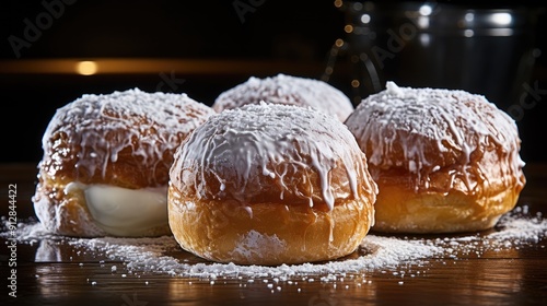 Closeup of three creamfilled donuts with a dusting of powdered sugar on a white background  photo