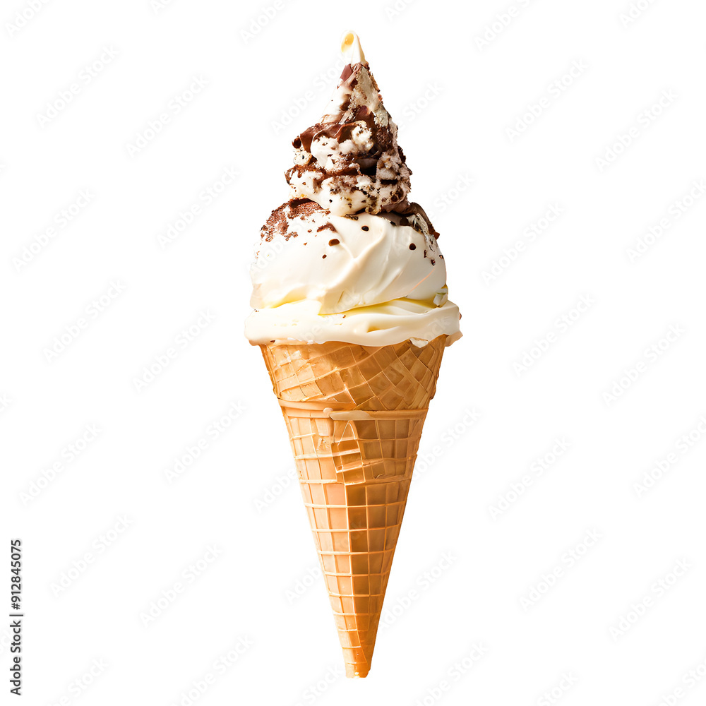 Cookies and Cream Delight: A tempting swirl of vanilla soft serve generously sprinkled with Oreo cookie crumbles, nestled in a crispy waffle cone, all on a clean white background. 