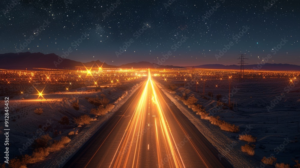 Nighttime long exposure of bright highway with starry sky over desert landscape Nighttime long exposure of bright highway with starry sky over desert landscape