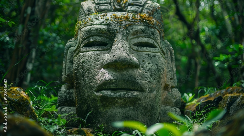 Ancient stone head surrounded by lush jungle foliage in mysterious location Ancient stone head surrounded by lush jungle foliage in mysterious location