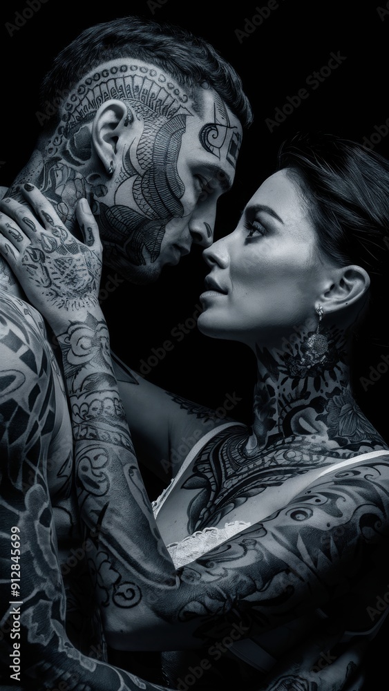 A man and woman with tattoos embracing each other, AI A man and woman with tattoos embracing each other, AI