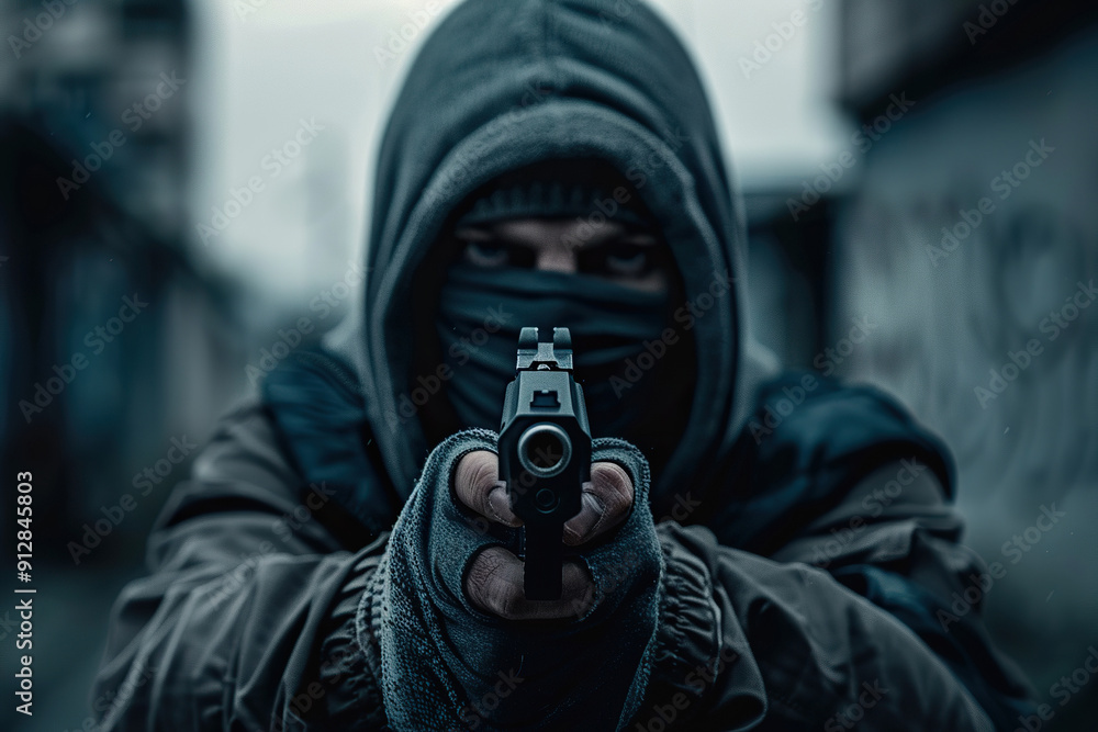 Generative ai on theme of a man aims through the sight of combat metal pistol to hit the target Generative ai on theme of a man aims through the sight of combat metal pistol to hit the target