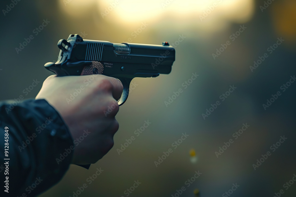 Generative ai on theme of a man aims through the sight of combat metal pistol to hit the target Generative ai on theme of a man aims through the sight of combat metal pistol to hit the target