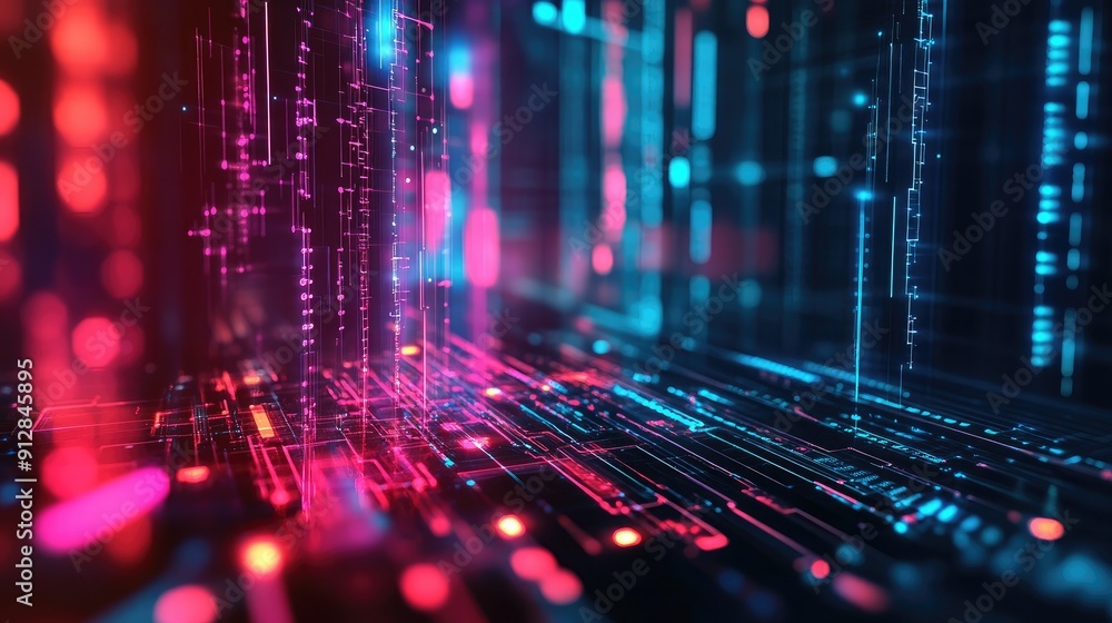 Futuristic tech grid with neon lights, high-tech abstract background Futuristic tech grid with neon lights, high-tech abstract background