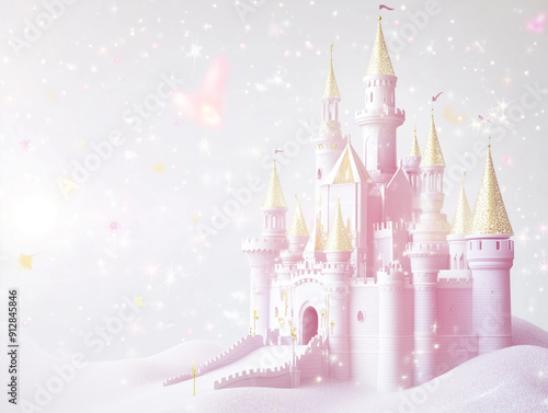 A magical 3D princess castle birthday party background with castles, crowns, and sparkles, perfect for a royal celebration. Empty copy space included for text.. AI