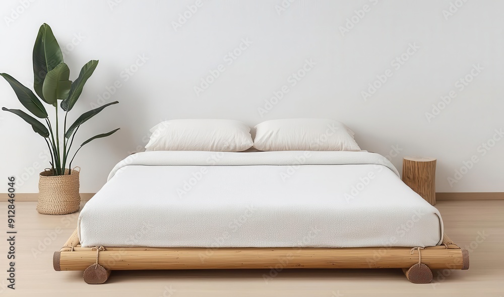 Cozy bedroom with bamboo bed frame, organic linens, and minimalist decor, ecofriendly style Cozy bedroom with bamboo bed frame, organic linens, and minimalist decor, ecofriendly style