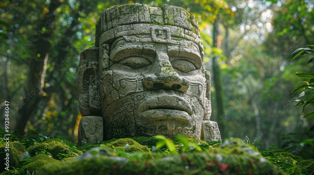 Ancient stone carving surrounded by lush greenery in a foggy forest Ancient stone carving surrounded by lush greenery in a foggy forest