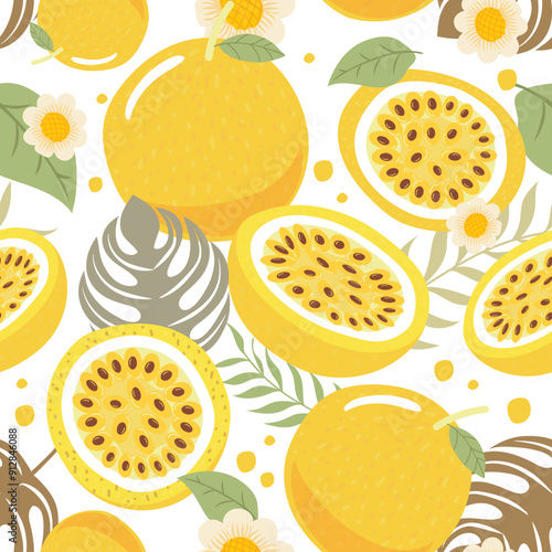Seamless pattern passion fruit whole and slice on background. Vector illustration.