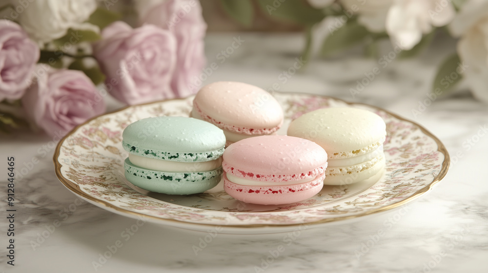 Obraz premium Pastel Macarons Displayed on a Vintage Plate