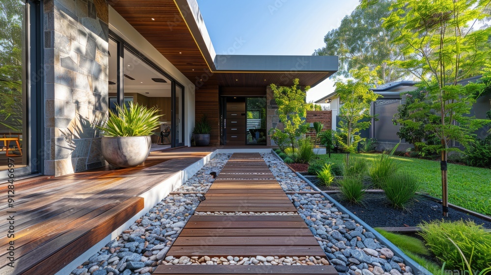 Modern design home exterior with lawn view sunset Modern design home exterior with lawn view sunset