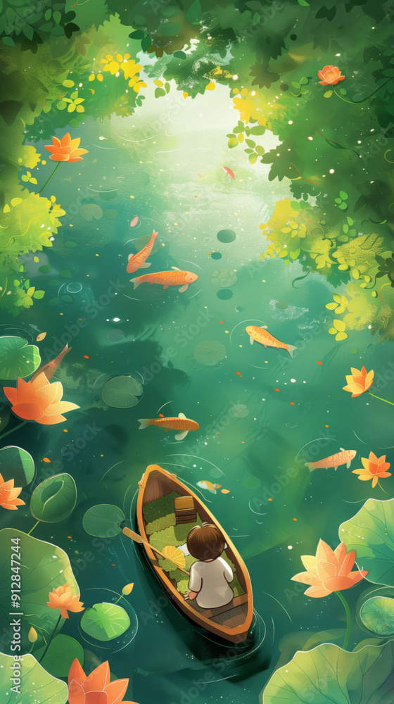 Peaceful pond scene with fish and flowers. Peaceful pond scene with fish and flowers.
