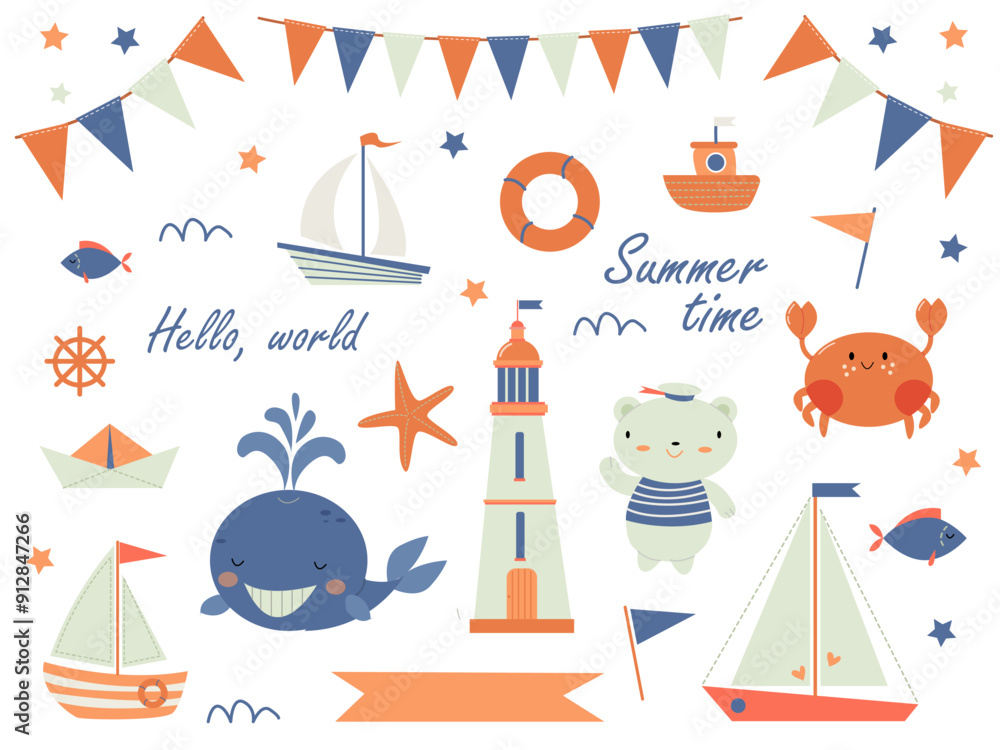 A large set of cute children's elements on the sea theme with ships, a bear and various decor A large set of cute children's elements on the sea theme with ships, a bear and various decor