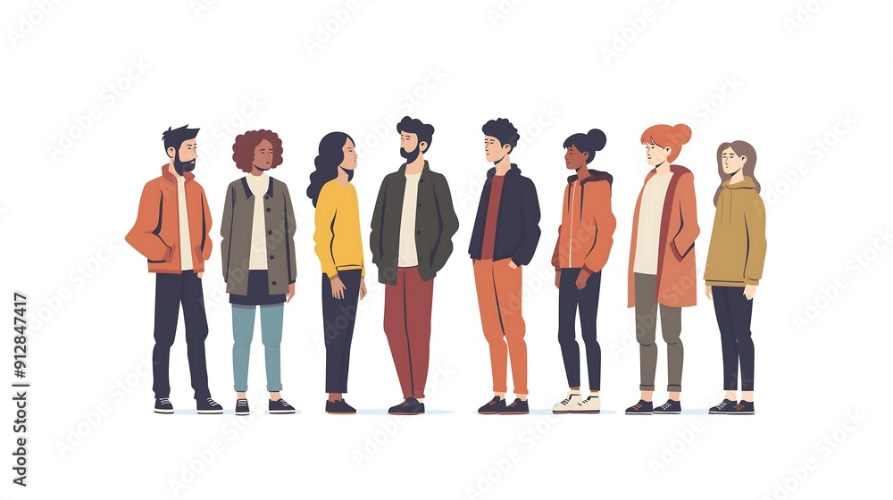illustration of group portrait, diverse people standing next to each other in profile view on white background, clip art style, simple lines, flat color illustration of group portrait, diverse people standing next to each other in profile view on white background, clip art style, simple lines, flat color