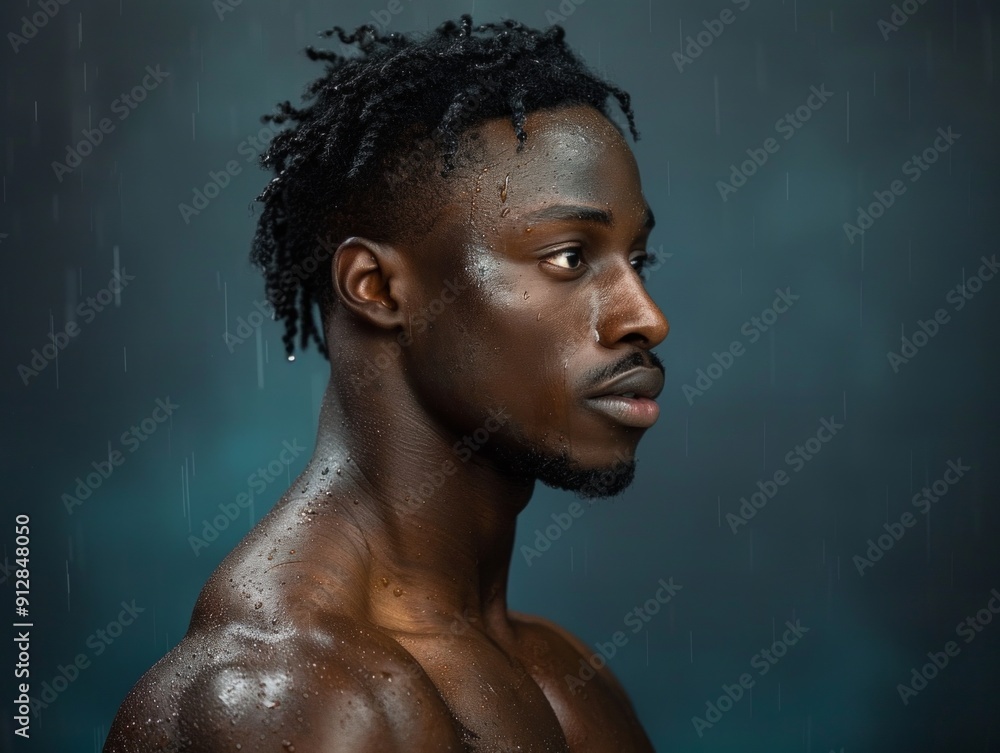 close-up portrait of a african fighter, his body glistening with sweat, captured under a rain of spotlights. close-up portrait of a african fighter, his body glistening with sweat, captured under a rain of spotlights.