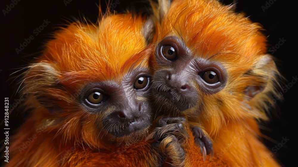 Two golden lion tamarin monkeys cuddling together against a dark background Two golden lion tamarin monkeys cuddling together against a dark background